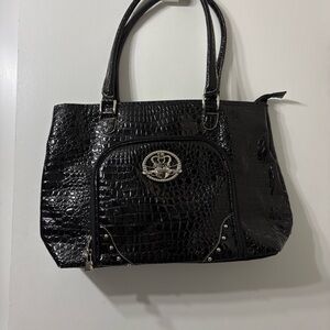 Van Kathy Zeeland Black Crocodile-Embossed Tote Bag